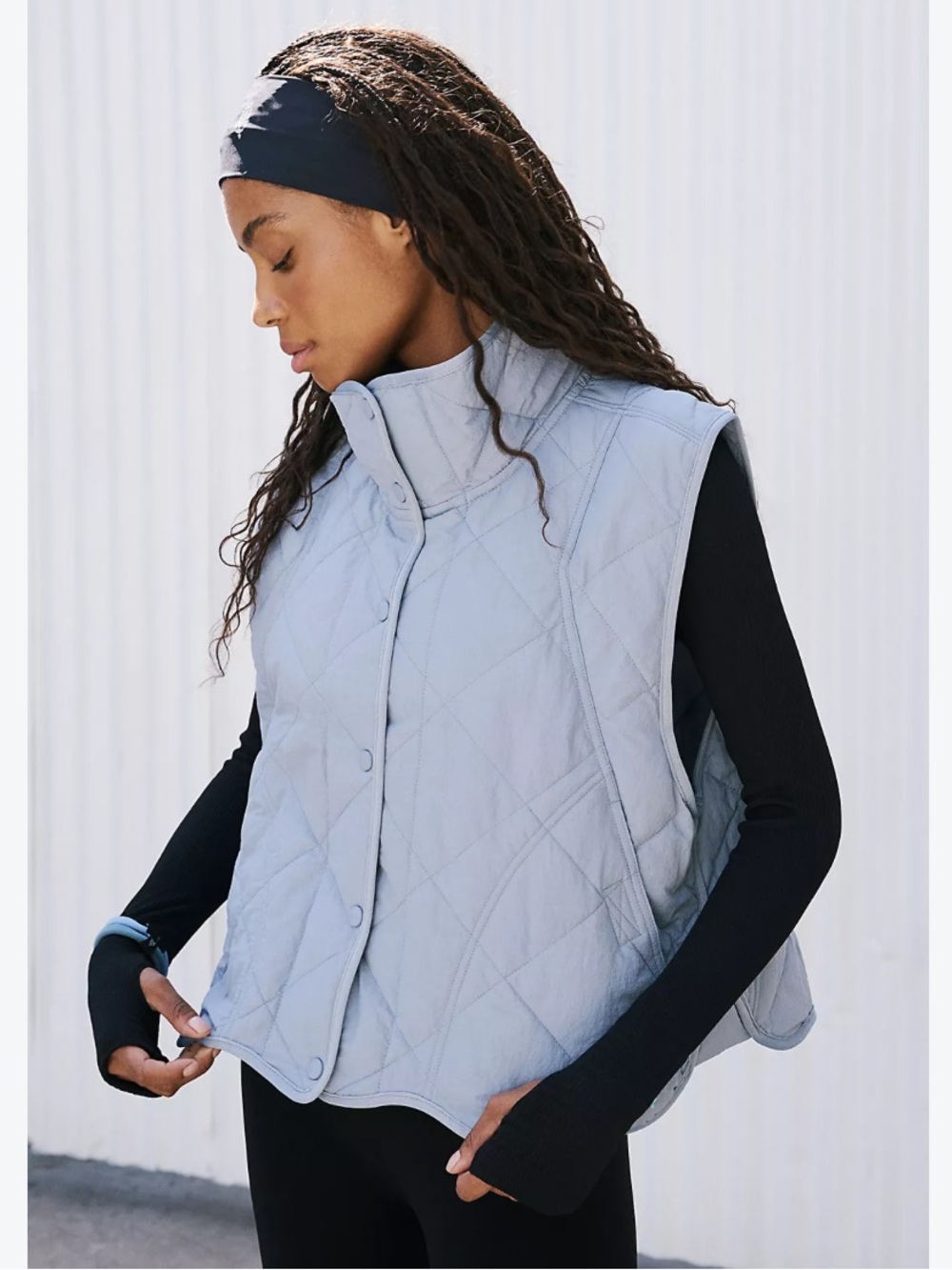 free people Quin Quilted Sleeveless Puffer Vest - Dusty Blue with pockets